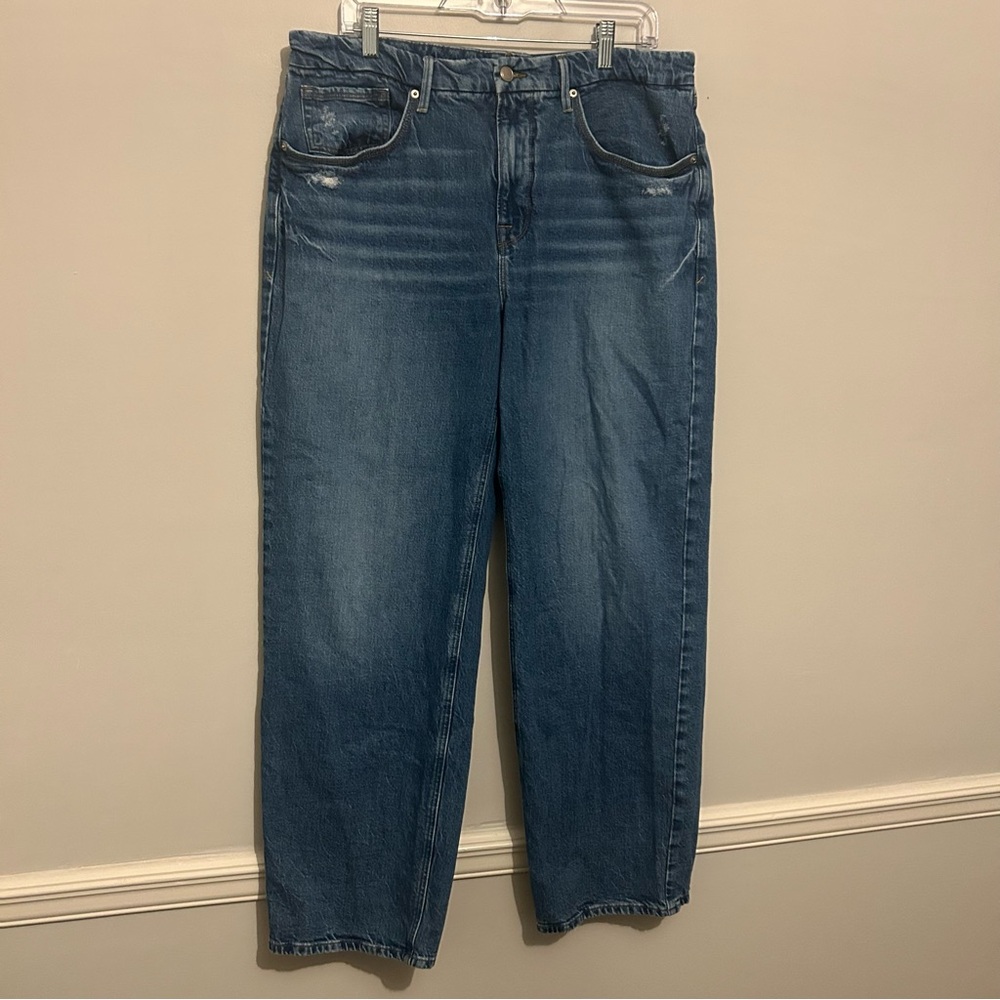 Good American 90s Relaxed Distressed Denim Blue Jeans Sz 14 32 Indigo 348